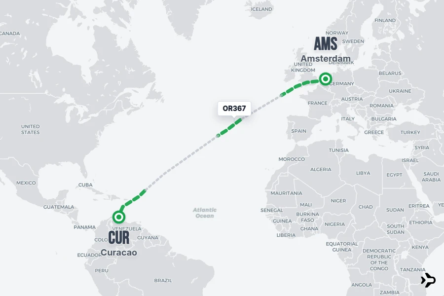 OR367 flight map from AMS to CUR