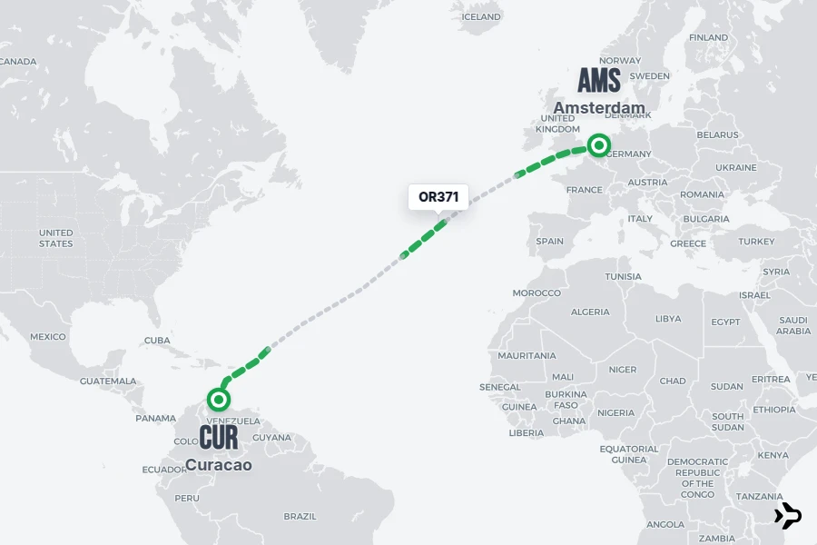 OR371 flight map from AMS to CUR