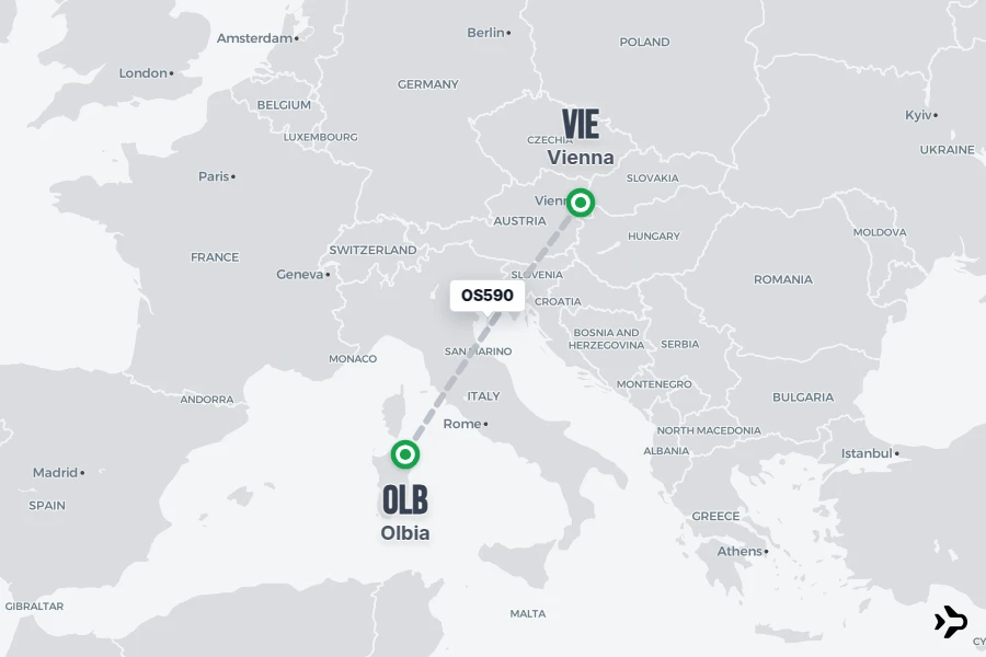 OS590 flight map from OLB to VIE