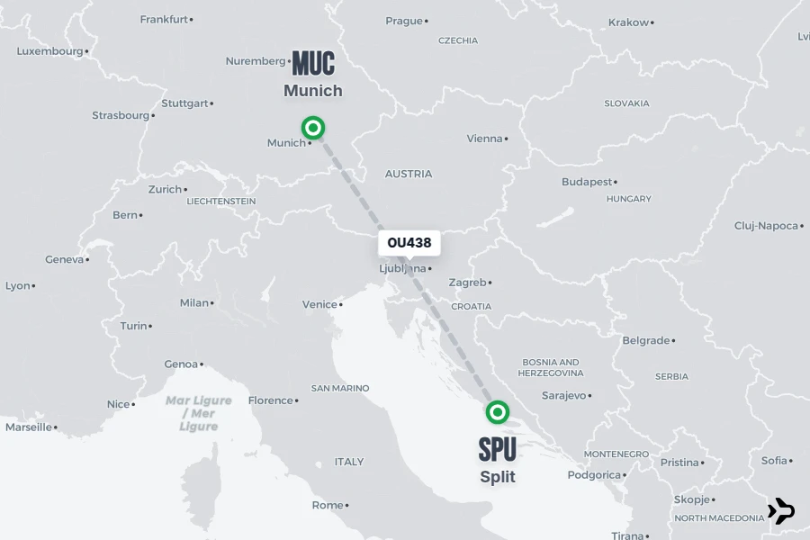 OU438 flight map from SPU to MUC