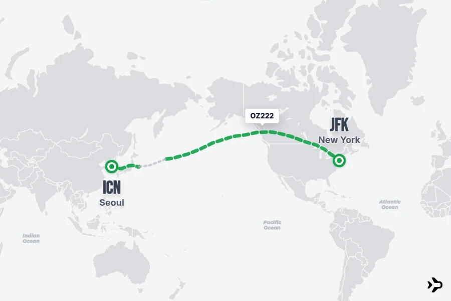 OZ222 flight map from ICN to JFK