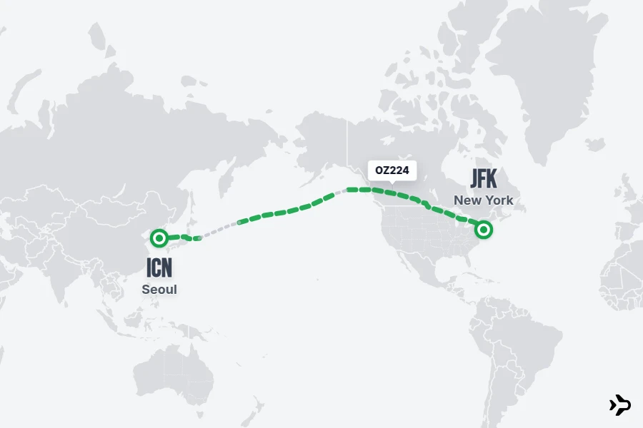 OZ224 flight map from ICN to JFK