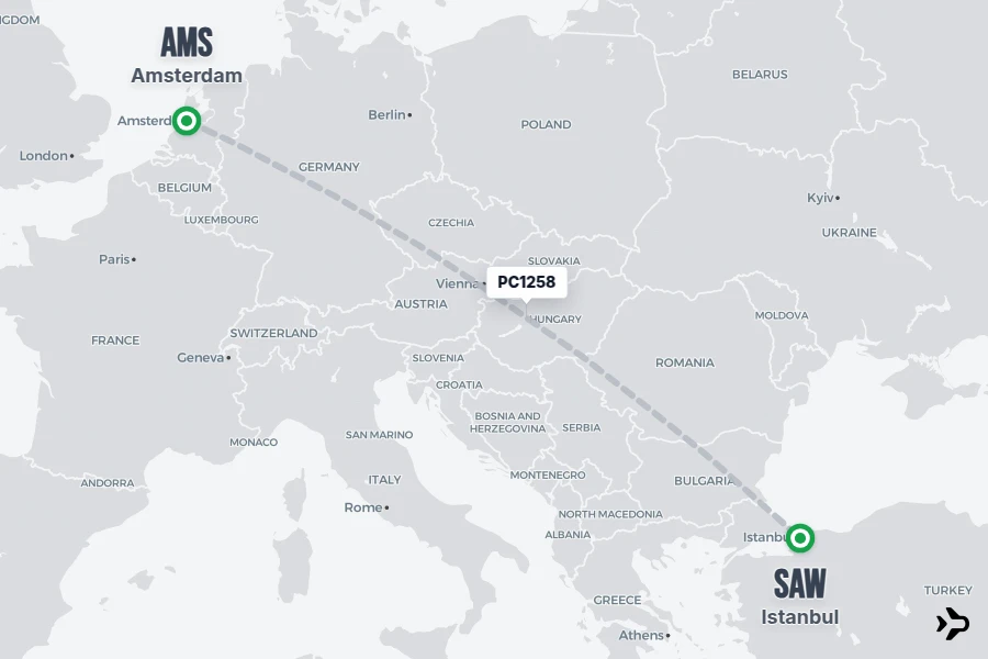 PC1258 flight map from AMS to SAW