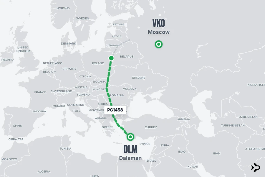 PC1458 flight map from DLM to VKO