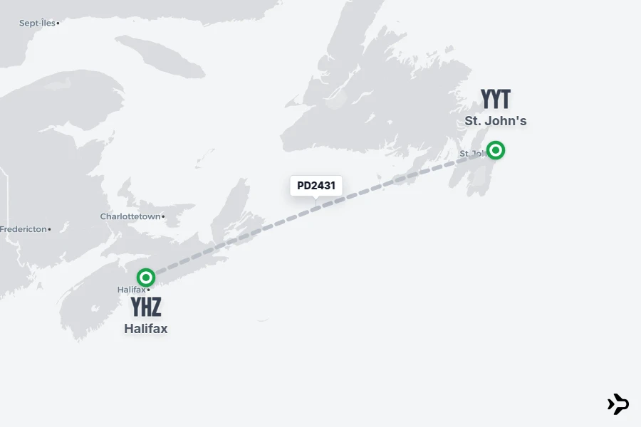 PD2431 flight map from YHZ to YYT