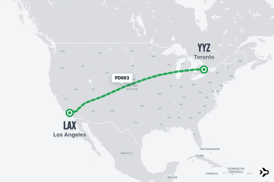 PD663 flight map from YYZ to LAX
