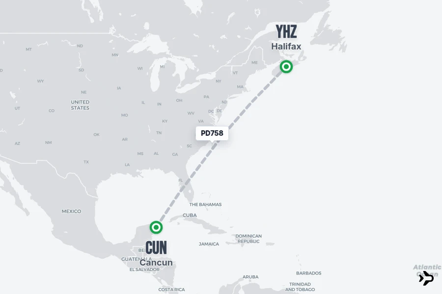 PD758 flight map from CUN to YHZ