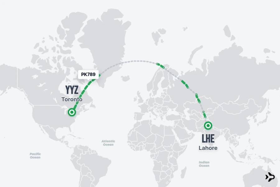 PK789 flight map from LHE to YYZ