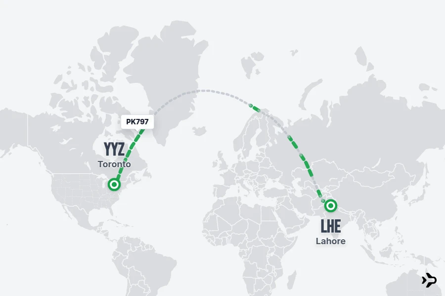 PK797 flight map from LHE to YYZ