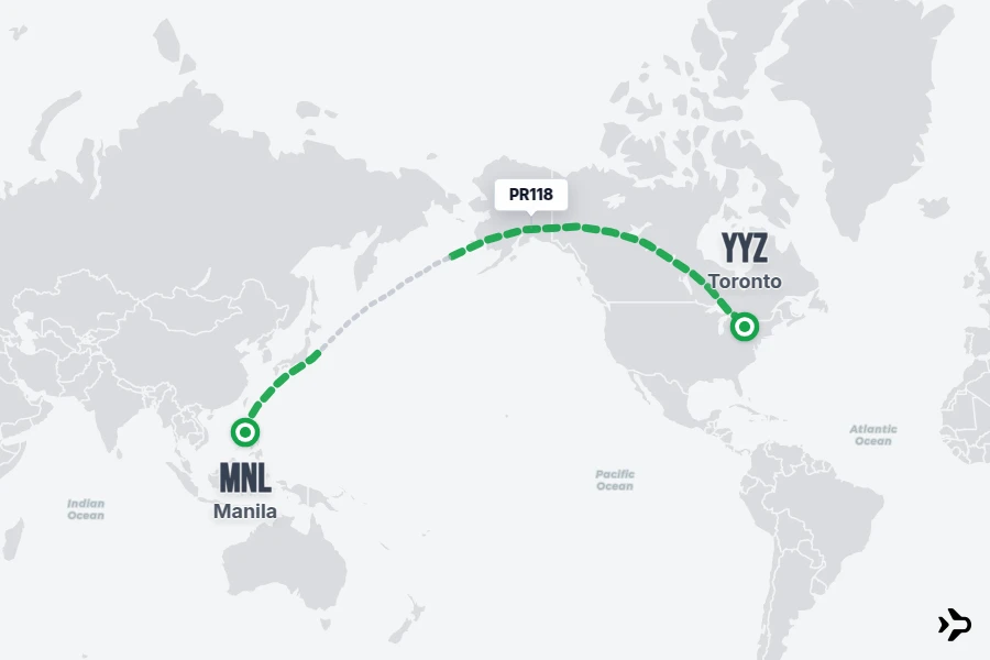 PR118 flight map from MNL to YYZ