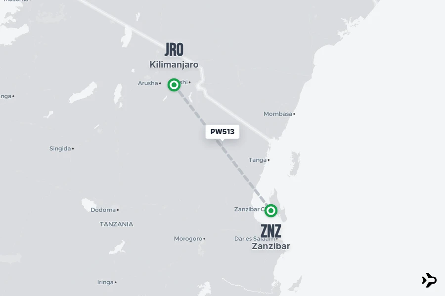PW513 flight map from JRO to ZNZ