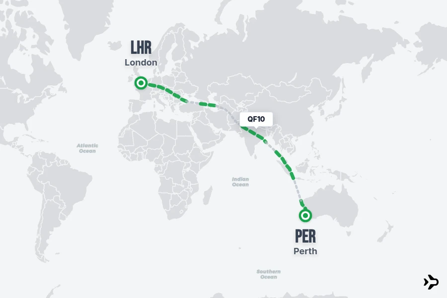 QF10 flight map from LHR to PER