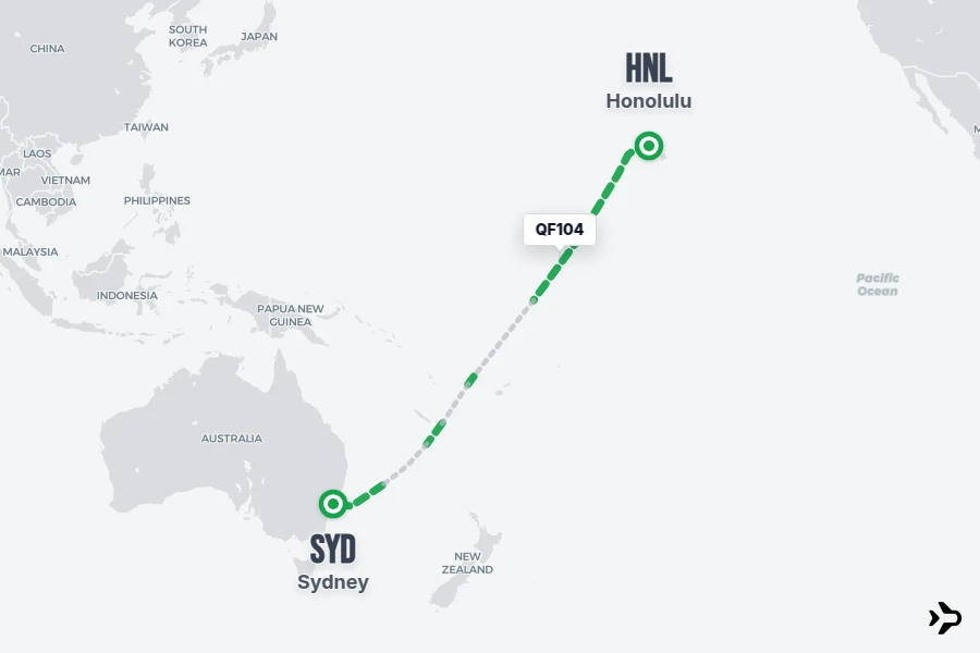 QF104 flight map from HNL to SYD