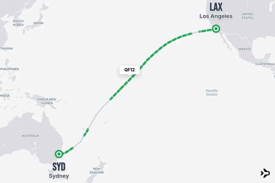 QF12 flight map from LAX to SYD