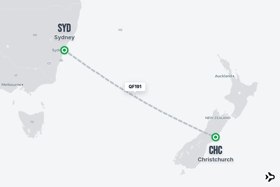 QF191 flight map from SYD to CHC