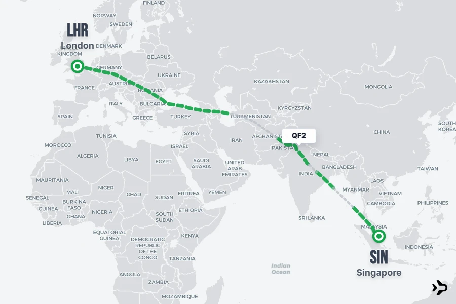 QF2 flight map from LHR to SIN