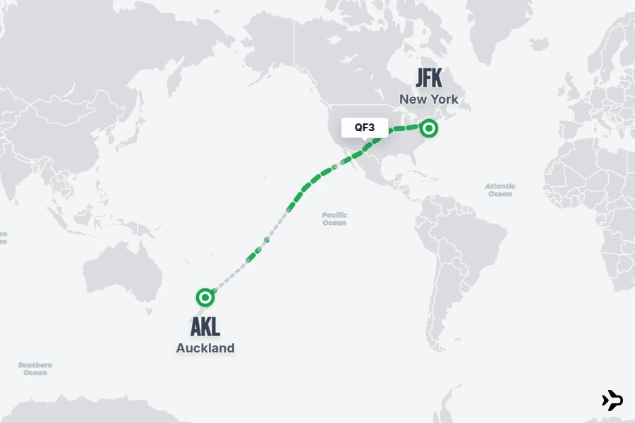 QF3 flight map from AKL to JFK