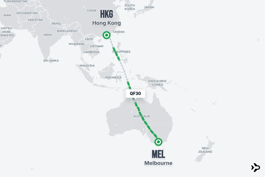 QF30 flight map from HKG to MEL