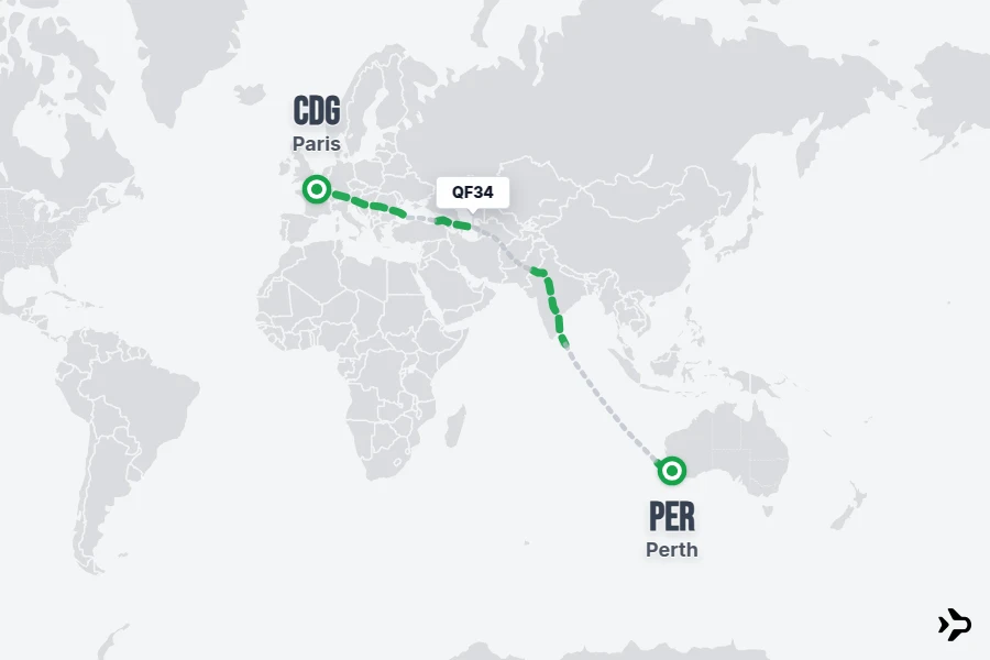 QF34 flight map from CDG to PER