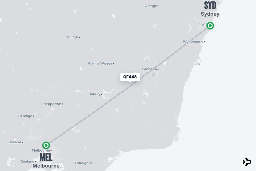 QF448 flight map from MEL to SYD