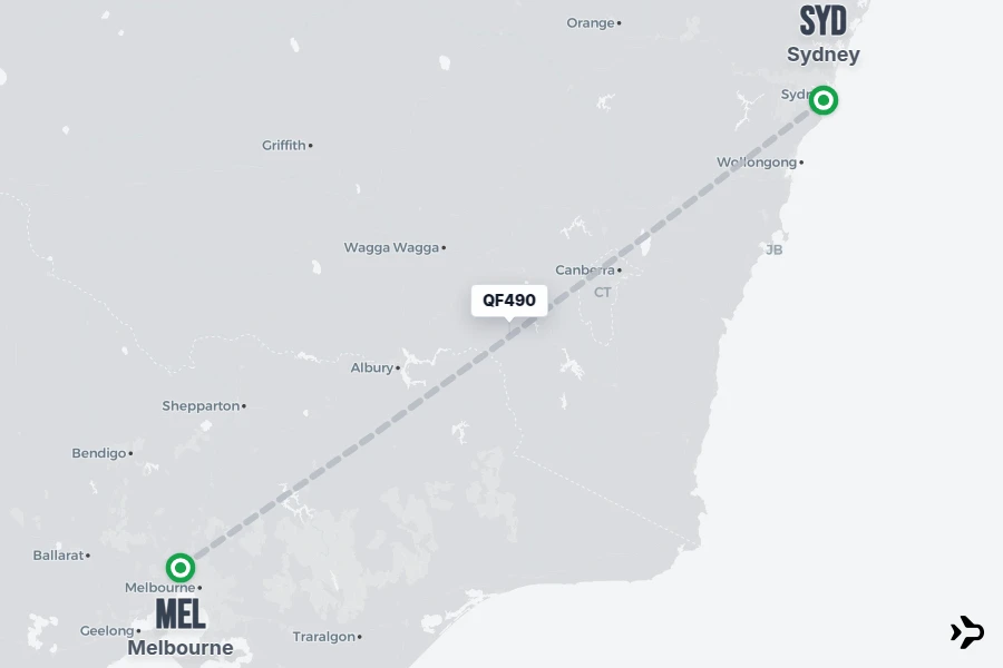 QF490 flight map from MEL to SYD