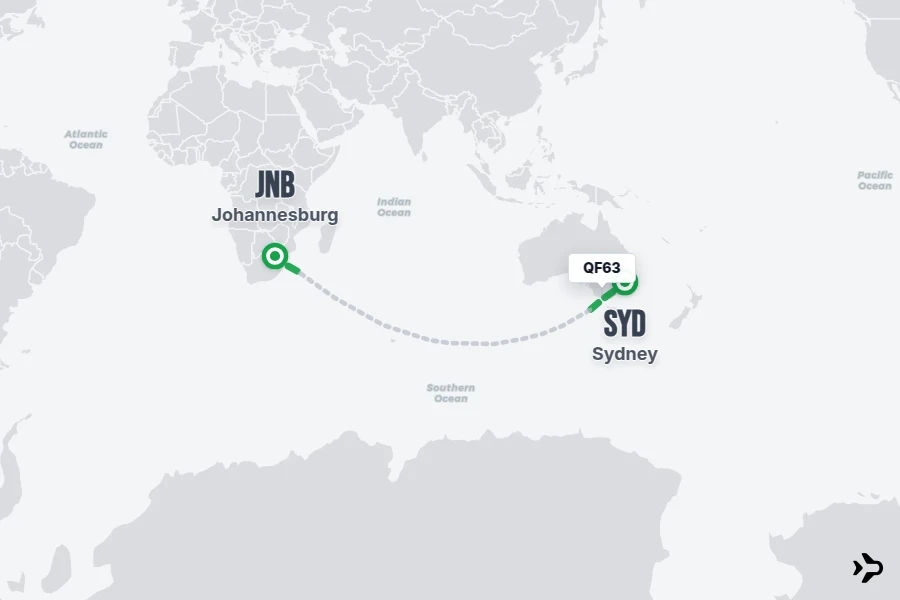 QF63 flight map from SYD to JNB