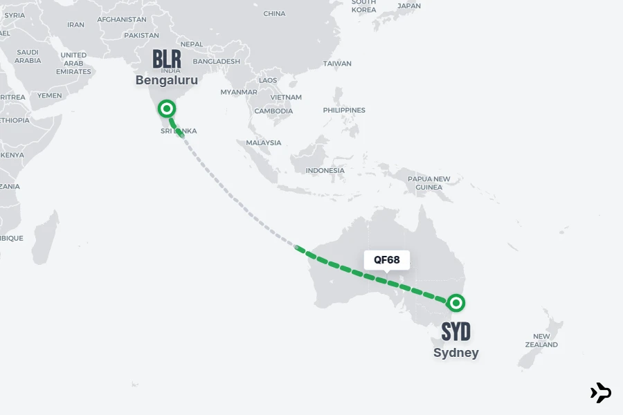 QF68 flight map from BLR to SYD