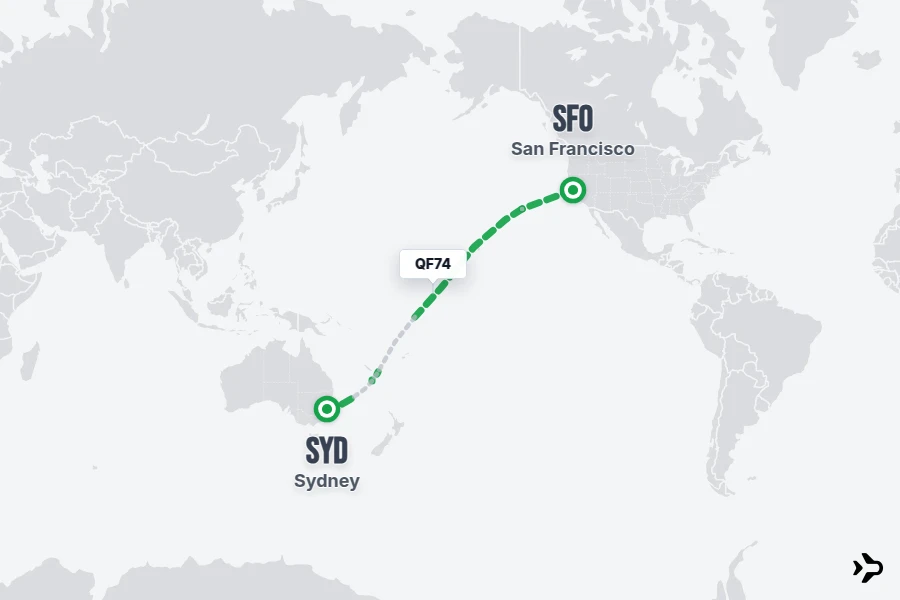 QF74 flight map from SFO to SYD