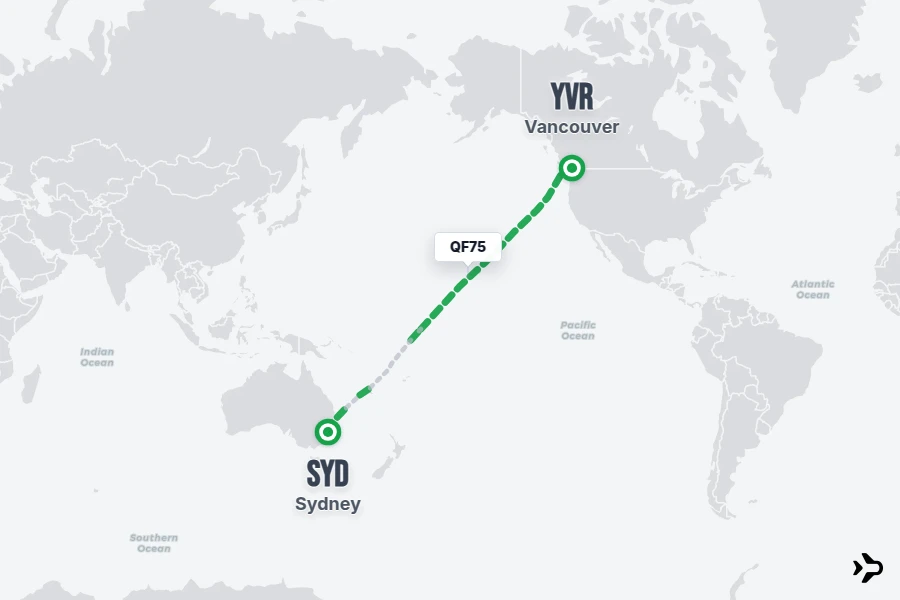 QF75 flight map from SYD to YVR