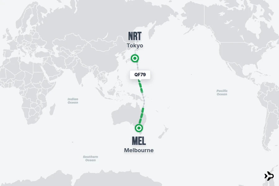 QF79 flight map from MEL to NRT