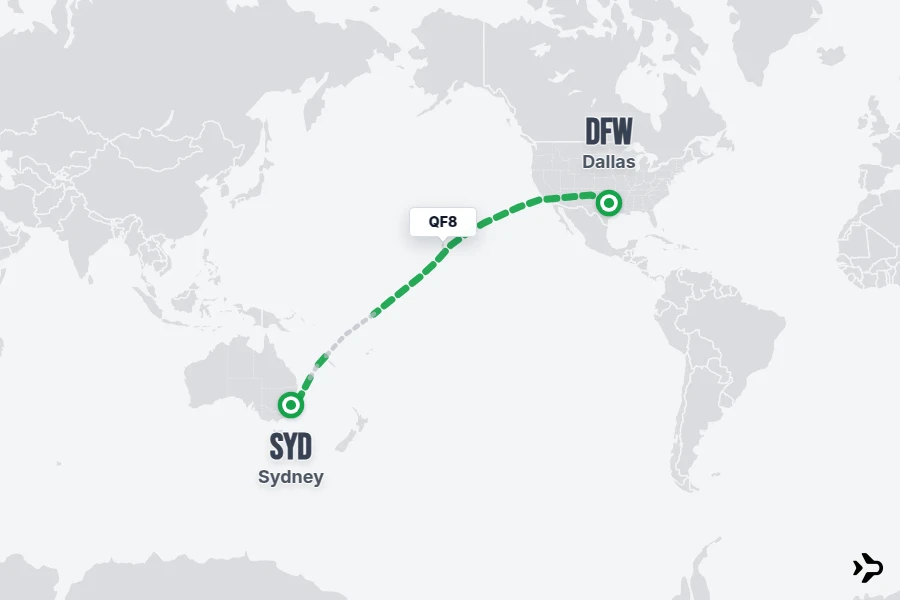 QF8 flight map from DFW to SYD