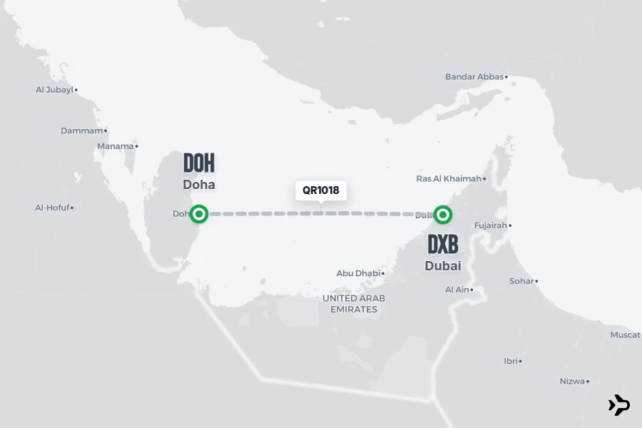 QR1018 flight map from DOH to DXB