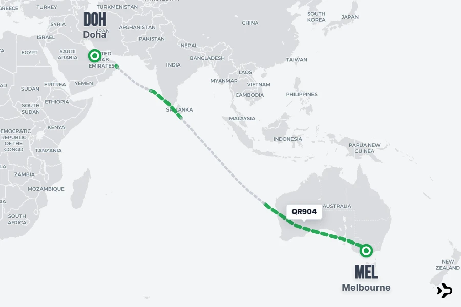 QR904 flight map from DOH to MEL