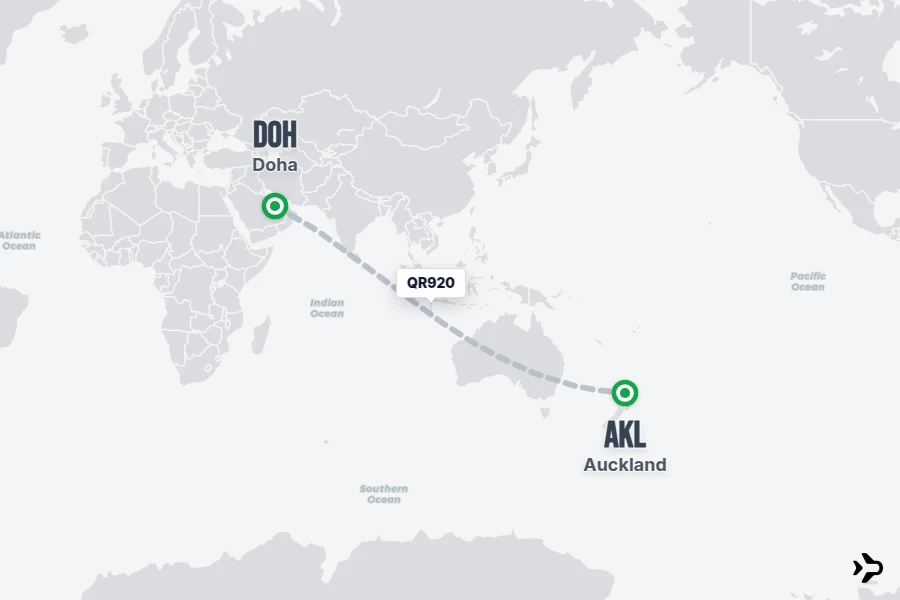QR920 flight map from DOH to AKL