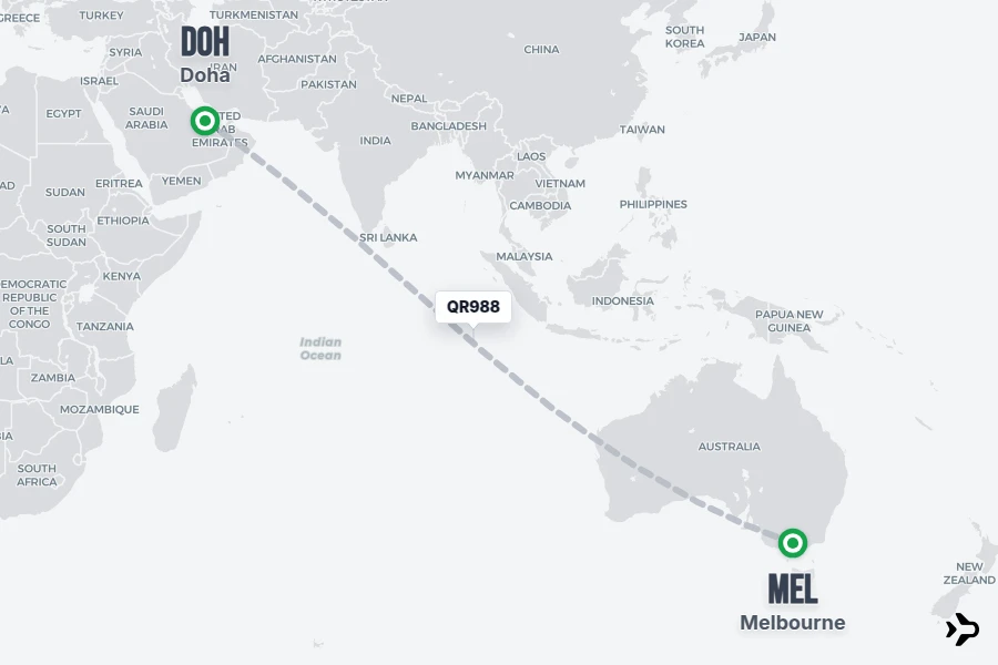 QR988 flight map from DOH to MEL