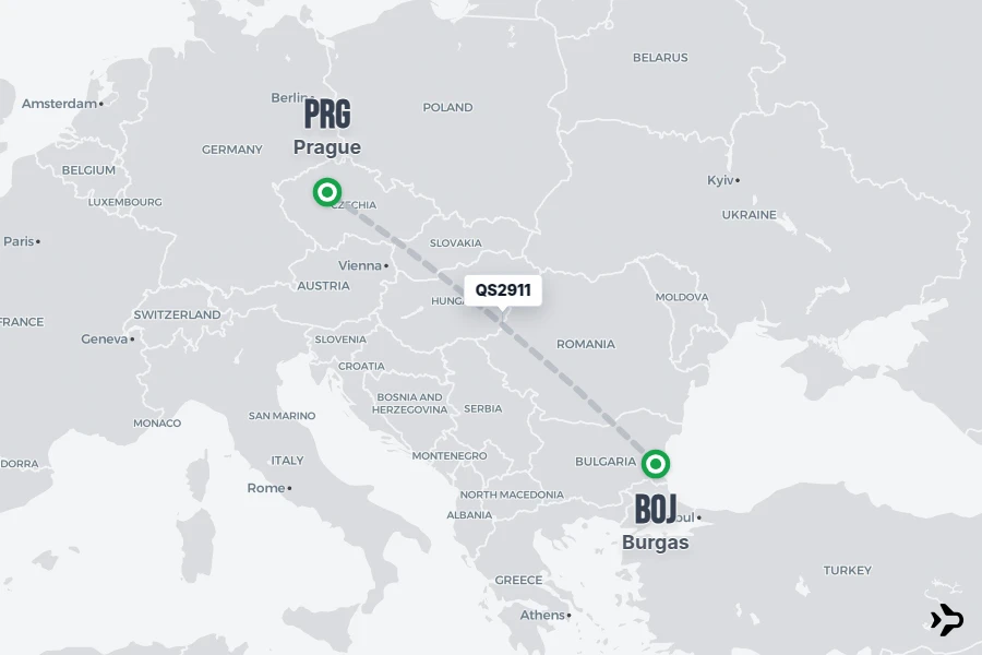 QS2911 flight map from BOJ to PRG