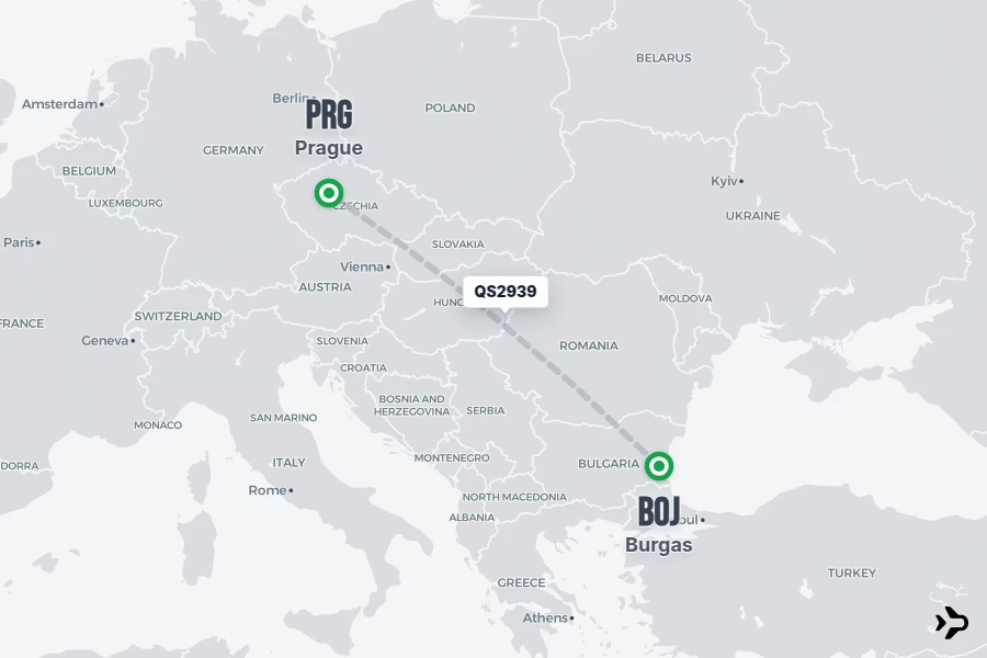 QS2939 flight map from BOJ to PRG