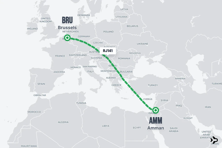 RJ141 flight map from AMM to BRU