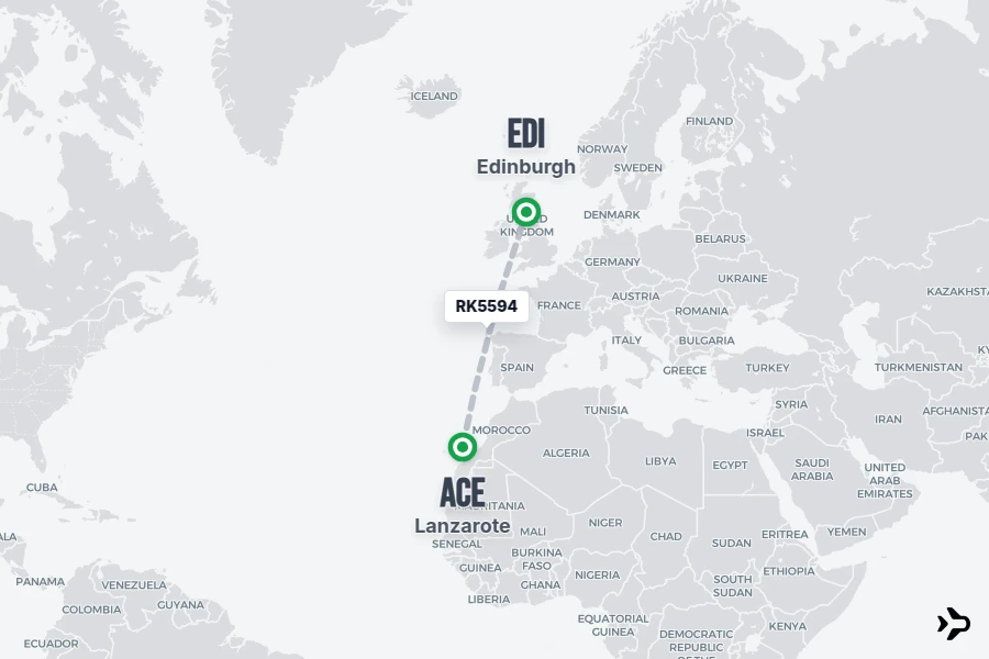 RK5594 flight map from ACE to EDI