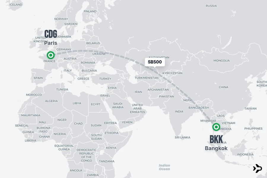 SB500 flight map from BKK to CDG