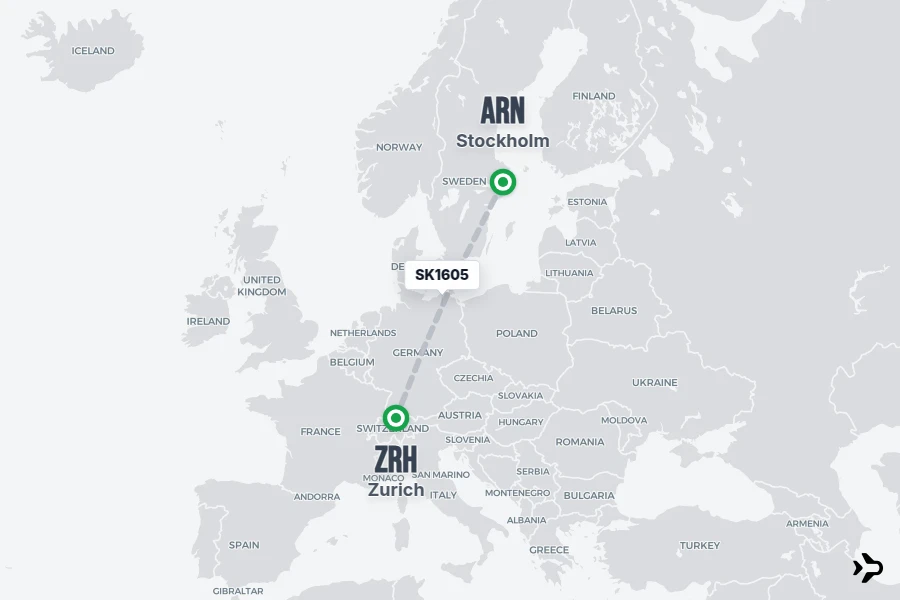 SK1605 flight map from ARN to ZRH