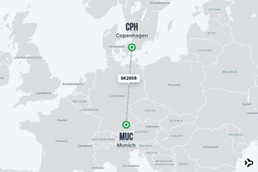 SK2658 flight map from MUC to CPH