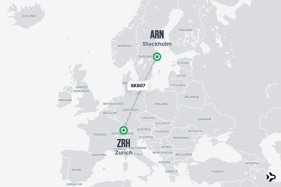 SK607 flight map from ARN to ZRH