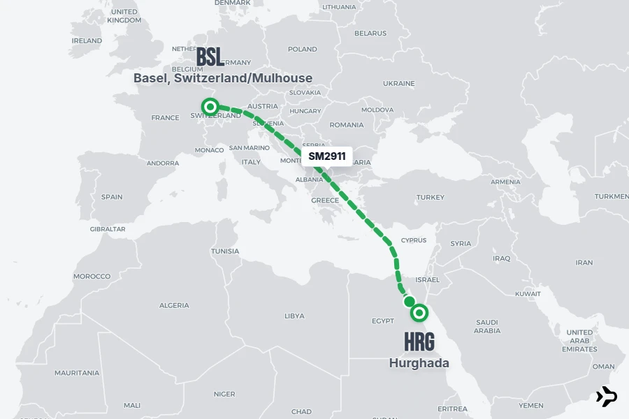 SM2911 flight map from BSL to HRG