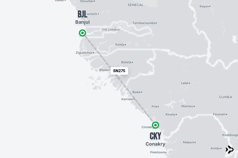 SN275 flight map from BJL to CKY