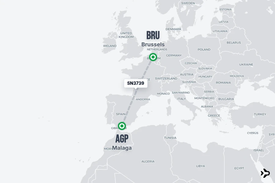 SN3739 flight map from BRU to AGP