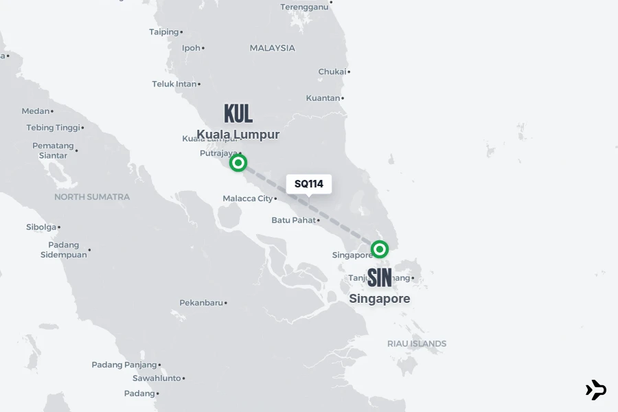 SQ114 flight map from SIN to KUL