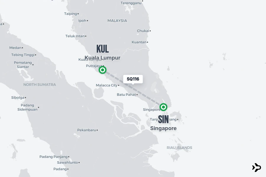 SQ116 flight map from SIN to KUL