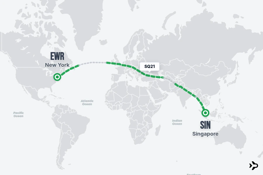 SQ21 flight map from EWR to SIN