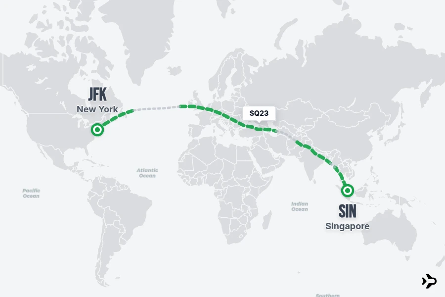 SQ23 flight map from JFK to SIN